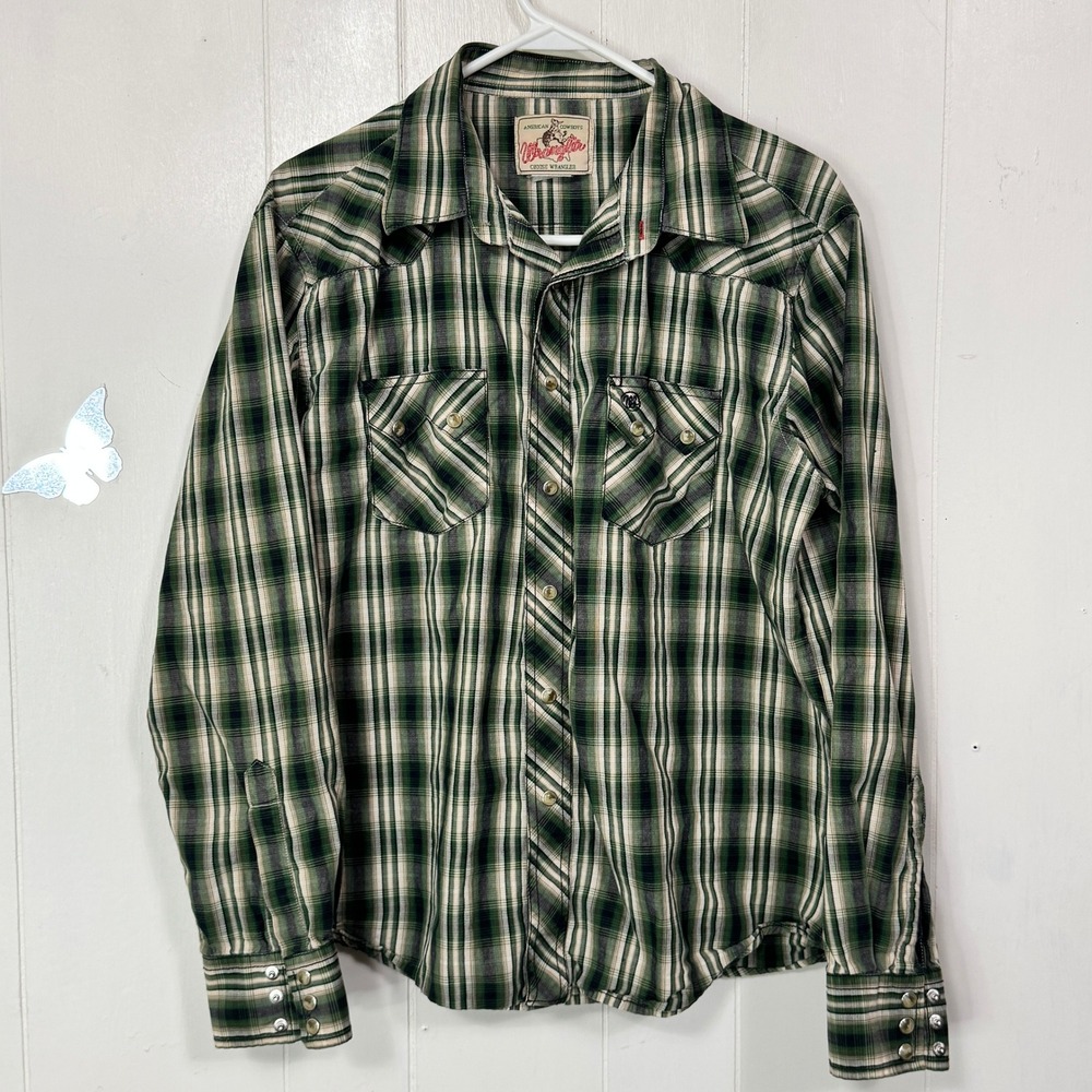 Vintage Wrangler Green Plaid Western Shirt Mens Large Pearl Snap Cowboy Pockets